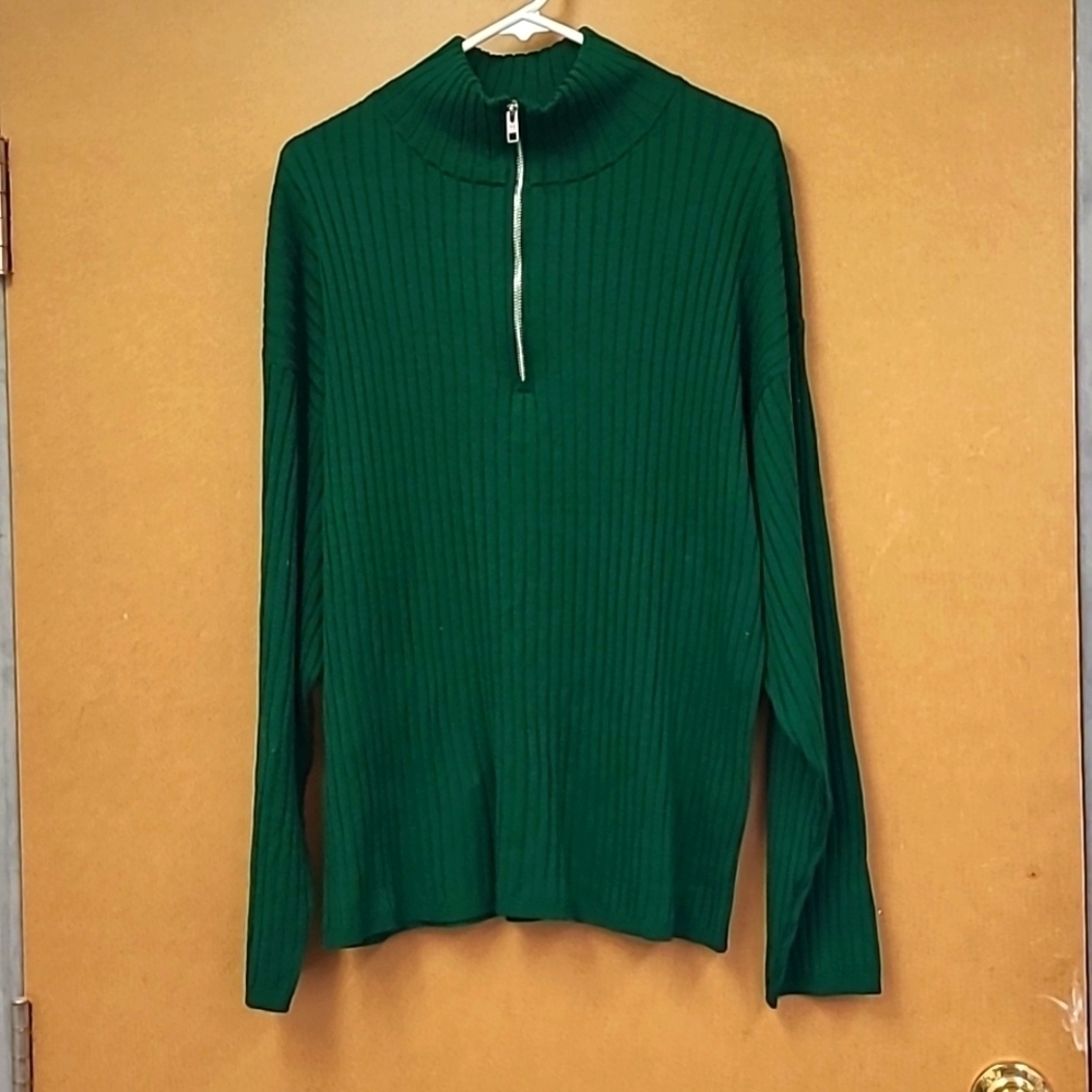 Girl Crush Size S Forest Green Promenades Ribbed Knit Half Zipper Sweater